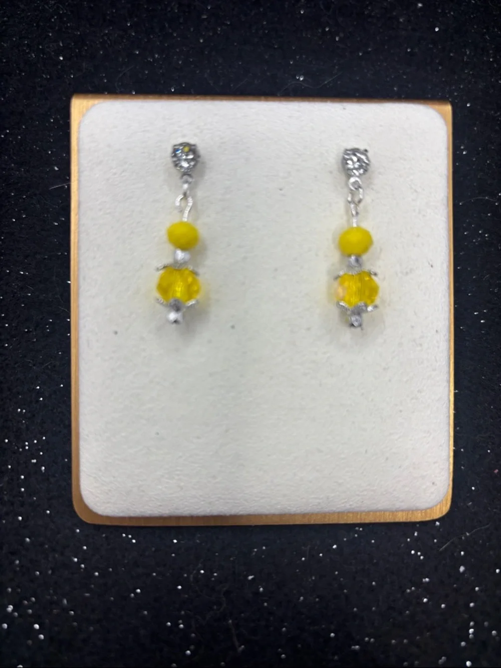Silver Tone Yellow Crystal Beaded Dangle Earrings - Picture 4 of 4